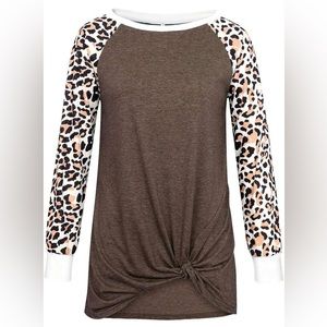 Coffee Color Top With Leopard Panel Contrast Sleeves